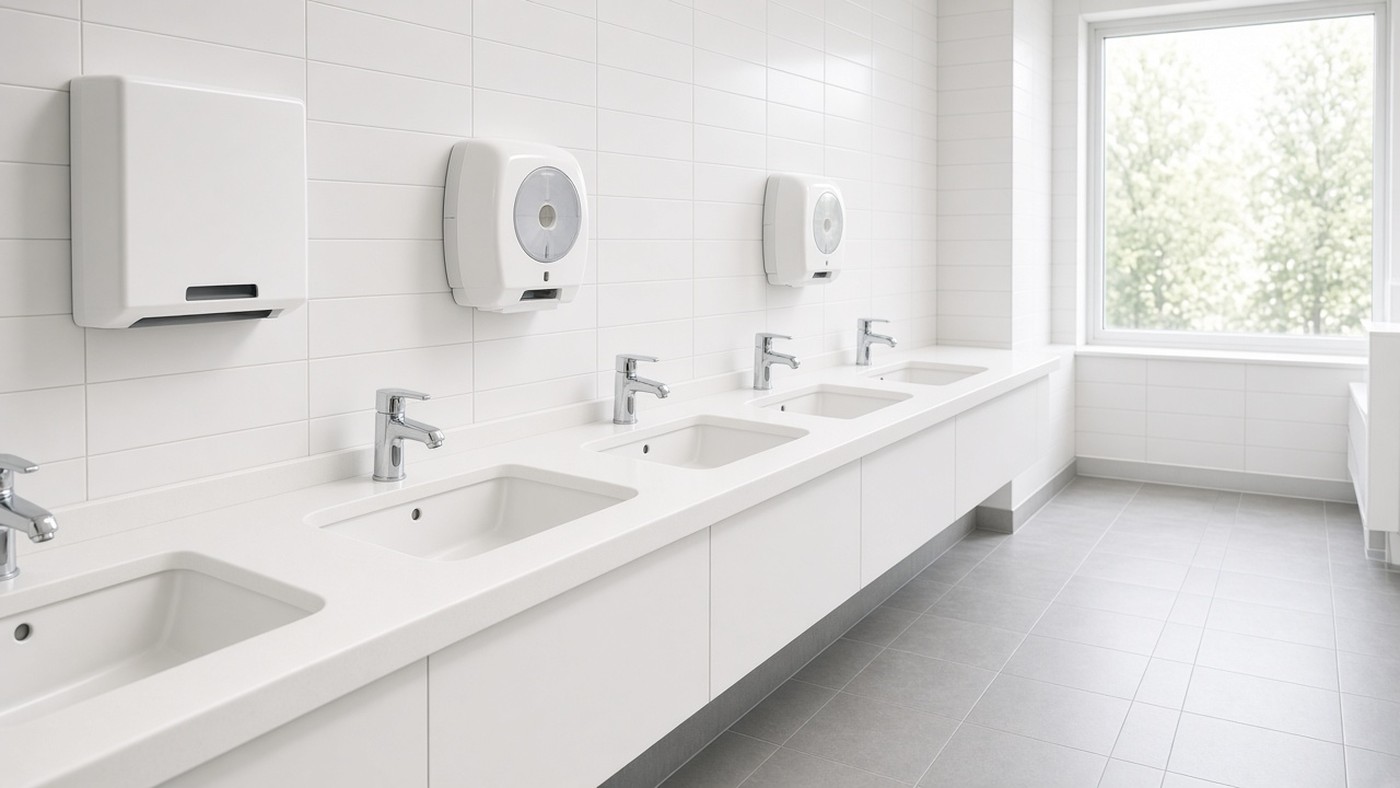 Clean, bright commercial washroom with paper towel and tissue dispensers